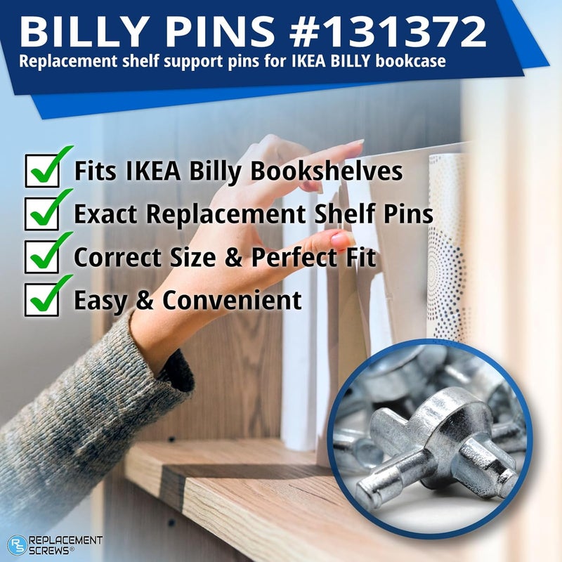 ReplacementScrews 4pcs Billy Bookshelf Pins / Pegs Compatible with IKEA Part 131372 - Zinc Alloy Die-Cast Shelf Supports - Image 2